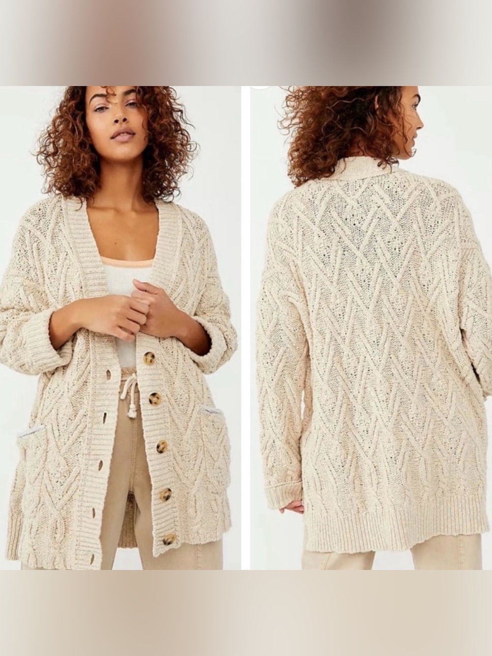 Free People Montana Chunky Knit Button Cream Cardigan W/Pockets Oversized Sz S